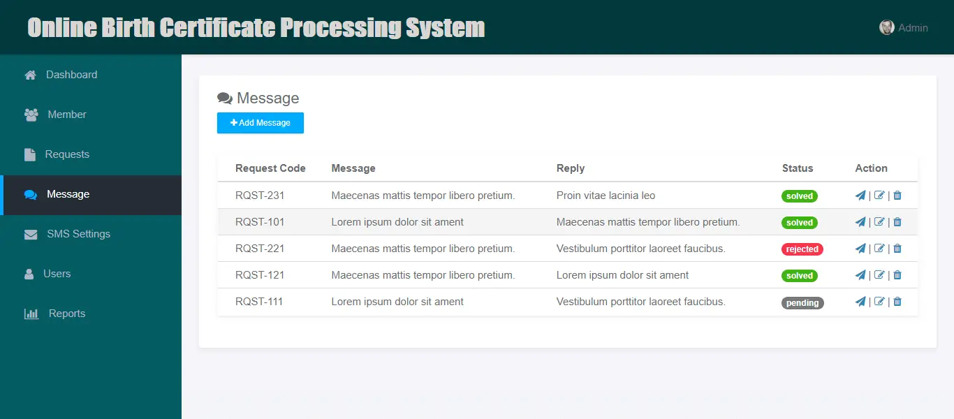 Online Birth Certificate Processing System with SMS Notification - Messages and Feedback