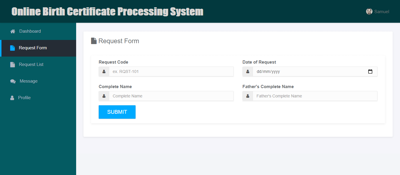 Online Birth Certificate Processing System with SMS Notification - Request Form