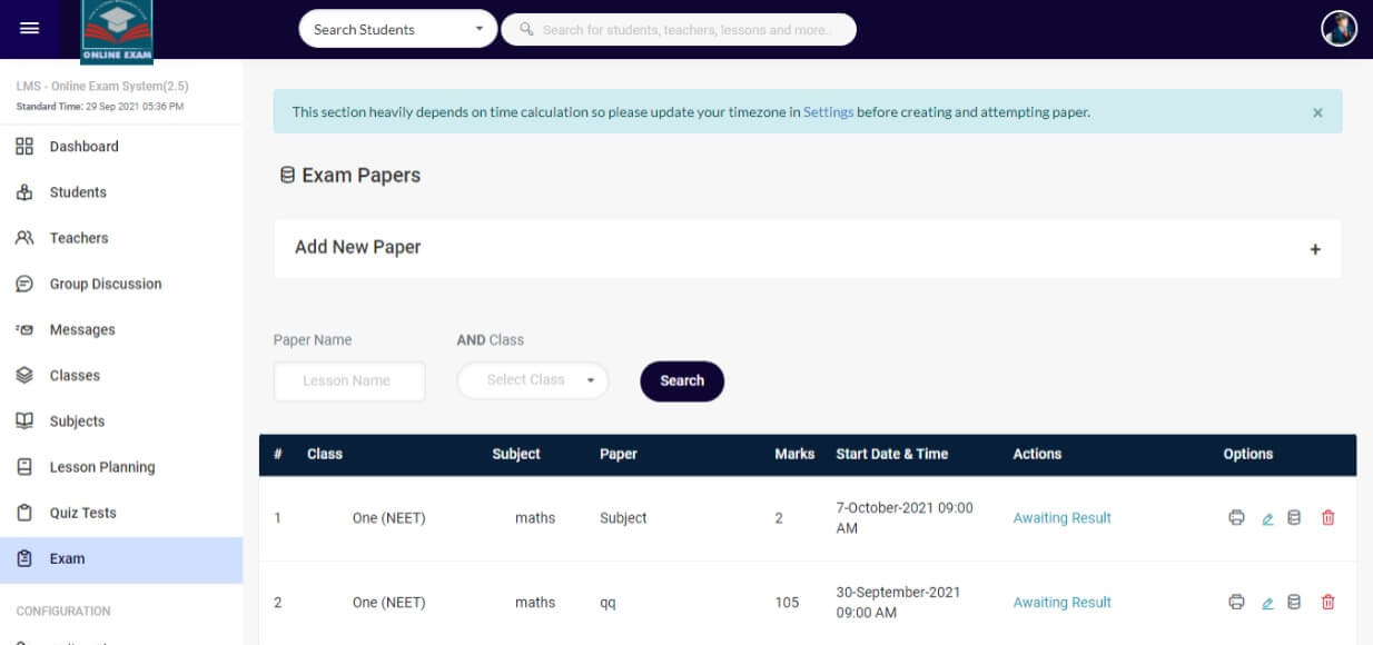 Online Exam and Learning Management System - Exam Management