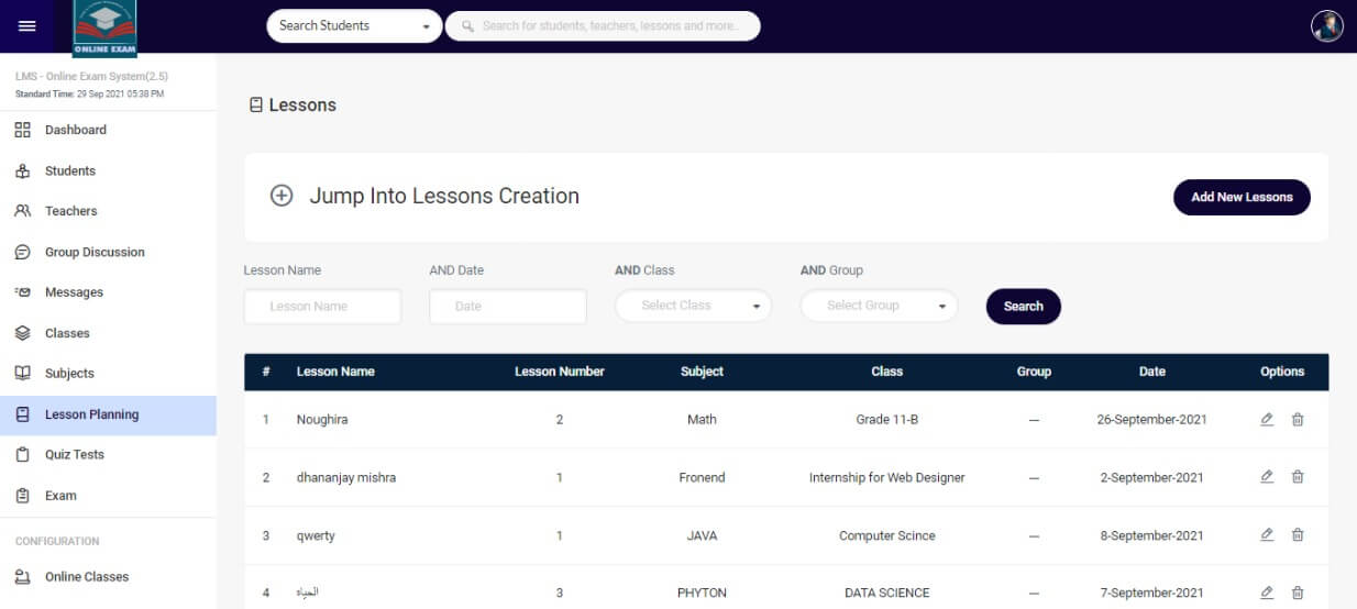 Online Exam and Learning Management System - Lesson Planning