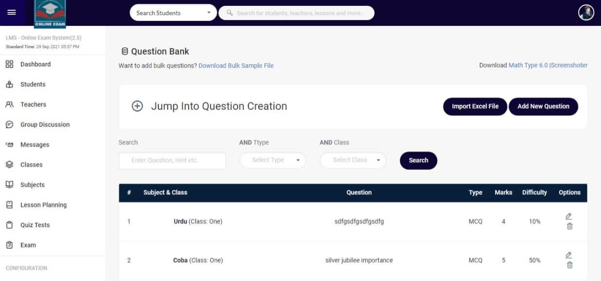 Online Exam and Learning Management System - Question Bank