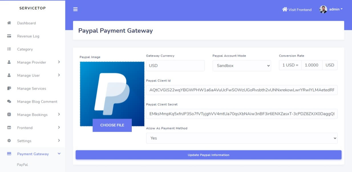 Service Selling Platform in Laravel - Paypal Payment Gateway Settings