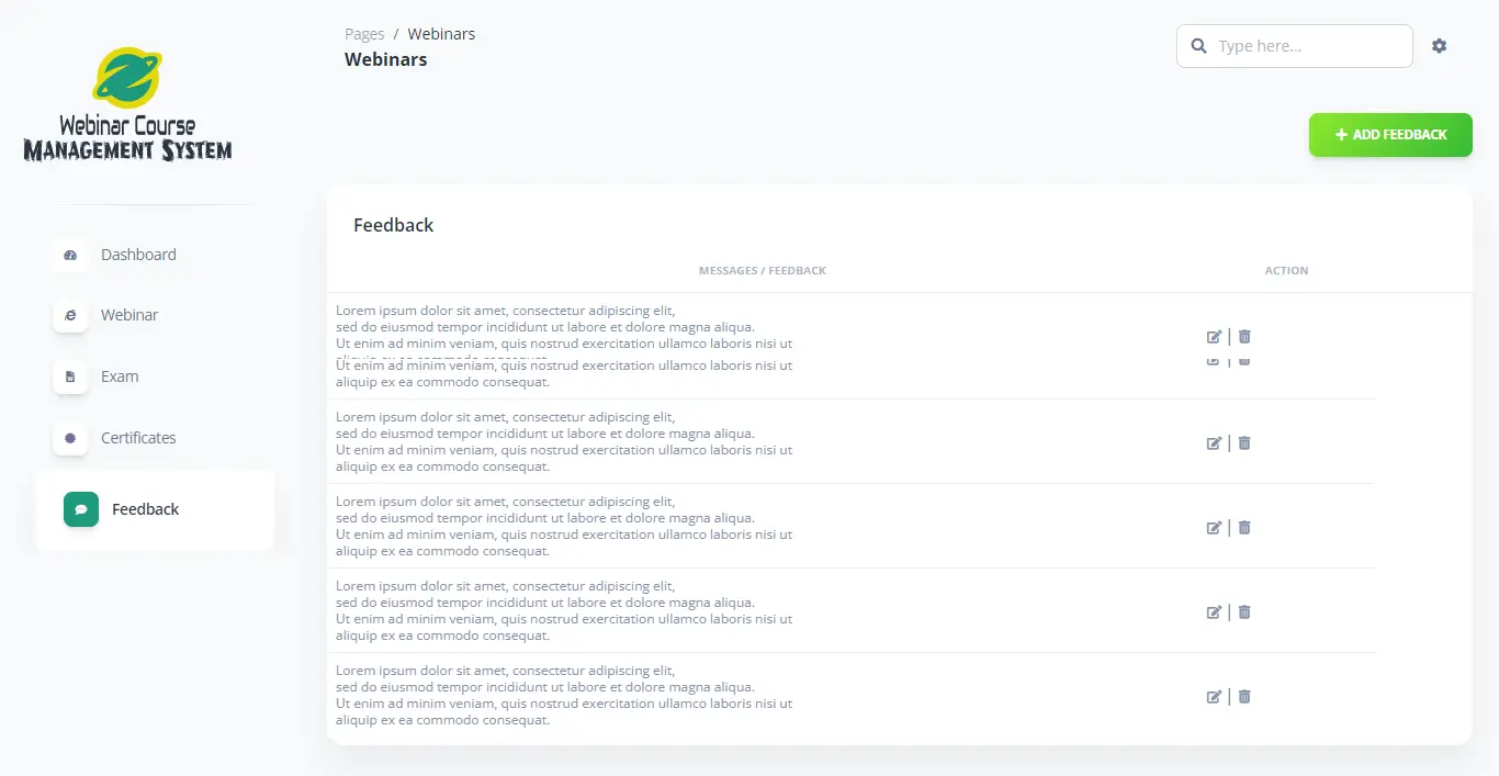 Webinar Course Management System Free Bootstrap Template - Add Feedback
