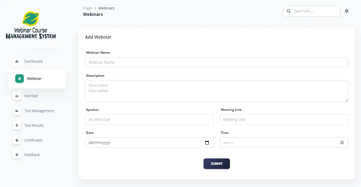 Webinar Course Management System Free Bootstrap Template - Add Webinar