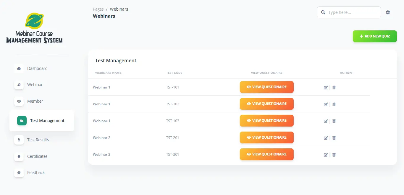 Webinar Course Management System Free Bootstrap Template - Test Management