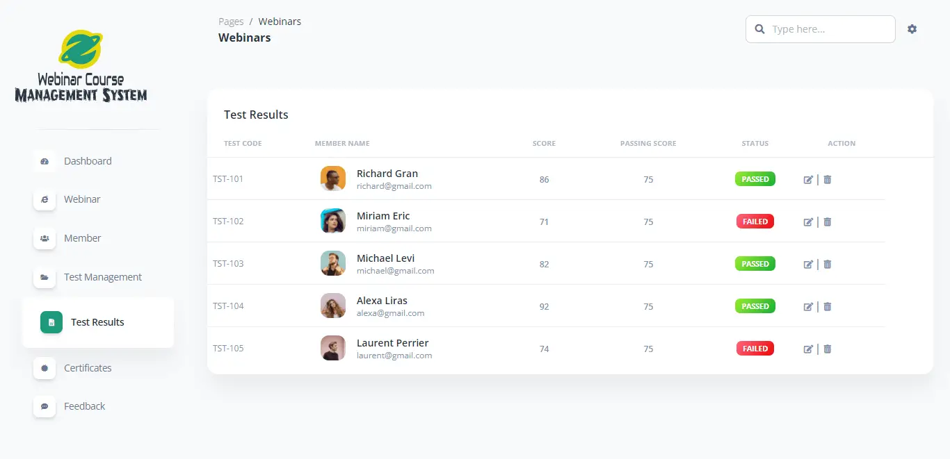 Webinar Course Management System Free Bootstrap Template - Test Results