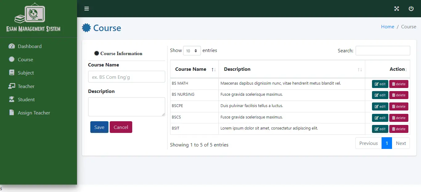 Exam Management System Free Bootstrap Source code - Course Management