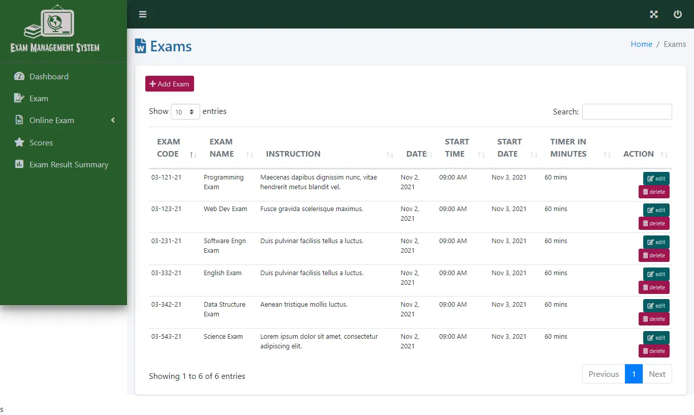 Exam Management System Free Bootstrap Source code - Exam Management
