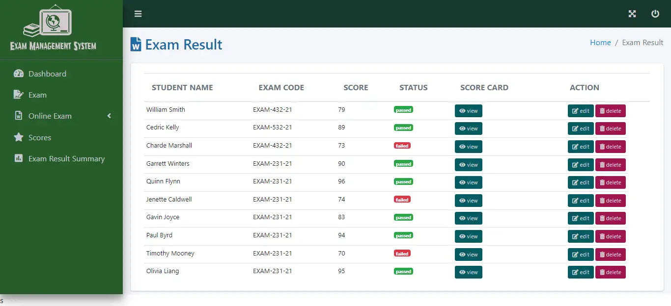 Exam Management System Free Bootstrap Source code - Exam Result