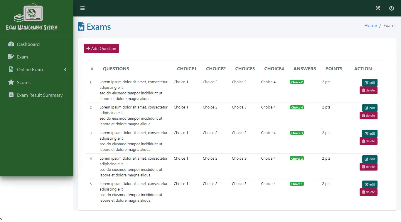 Exam Management System Free Bootstrap Source code - Question Bank