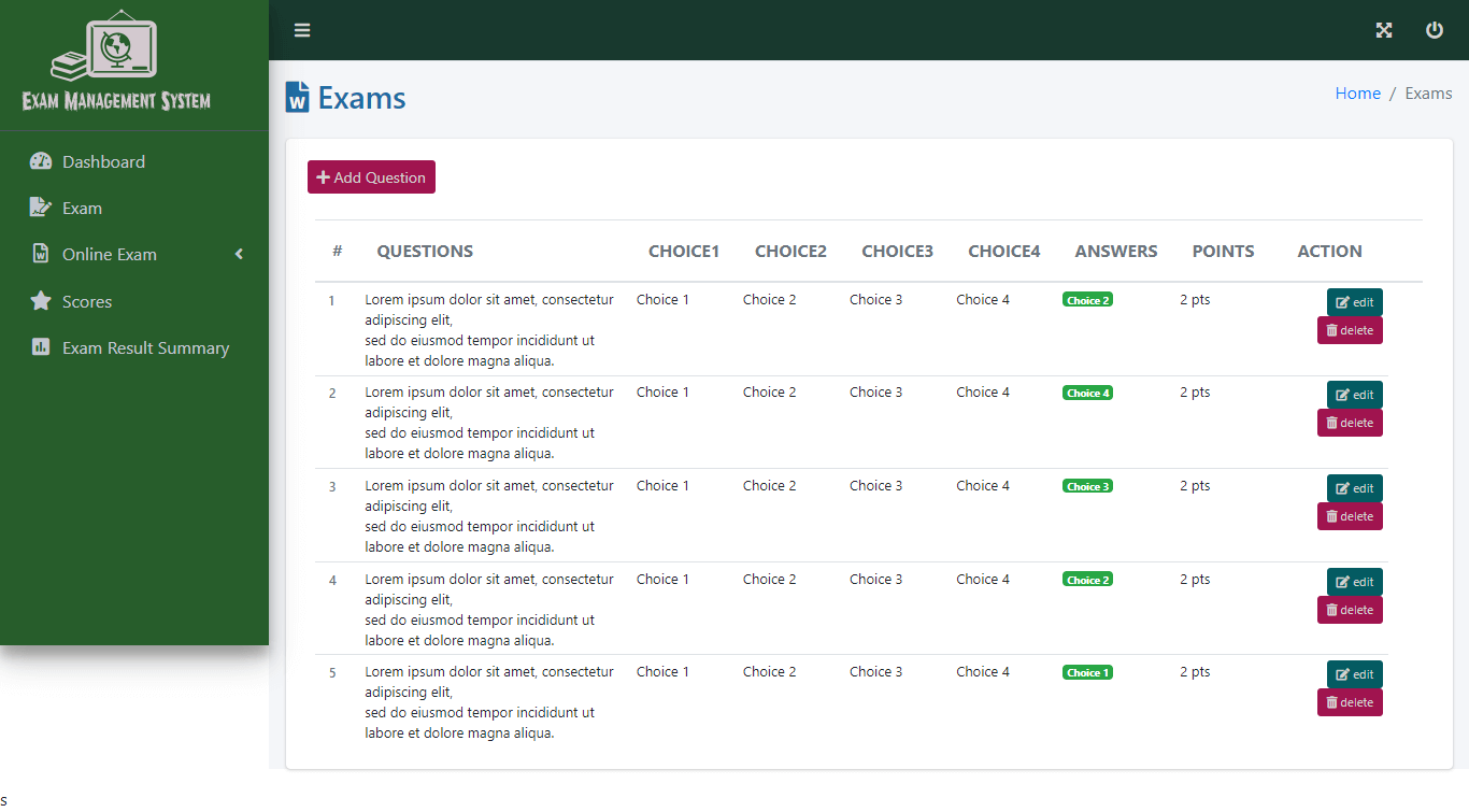 Exam Management System Free Bootstrap Source code - Question Bank
