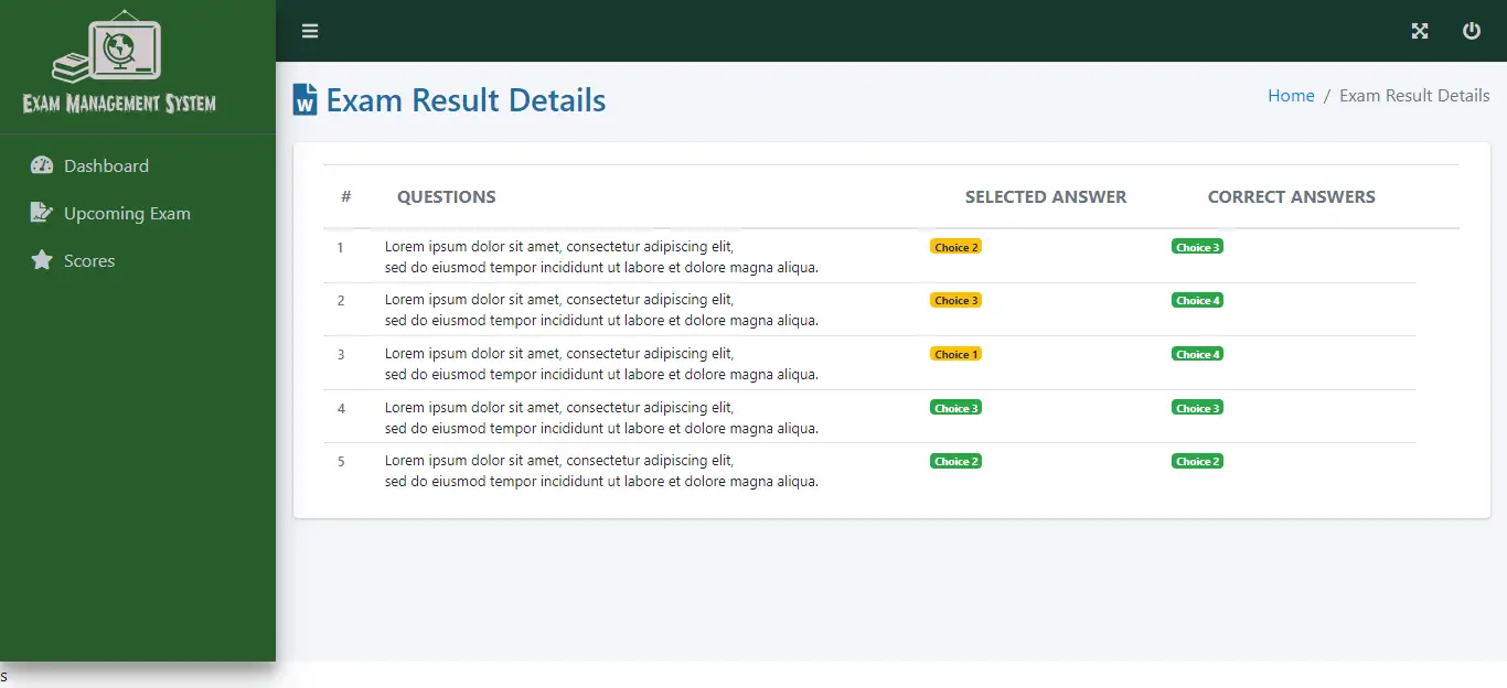 Exam Management System Free Bootstrap Source code - Result Details