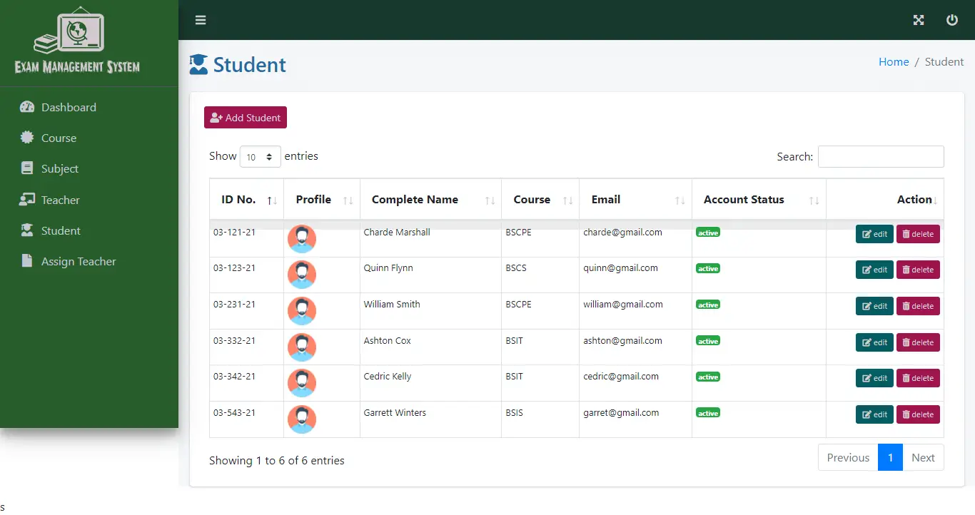 Exam Management System Free Bootstrap Source code - Student Information