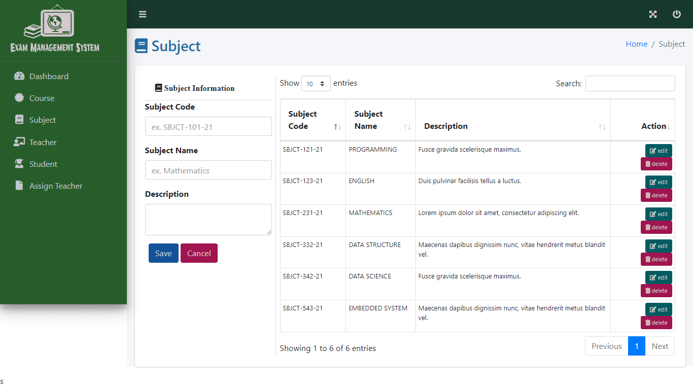 Exam Management System Free Bootstrap Source code - Subject Management