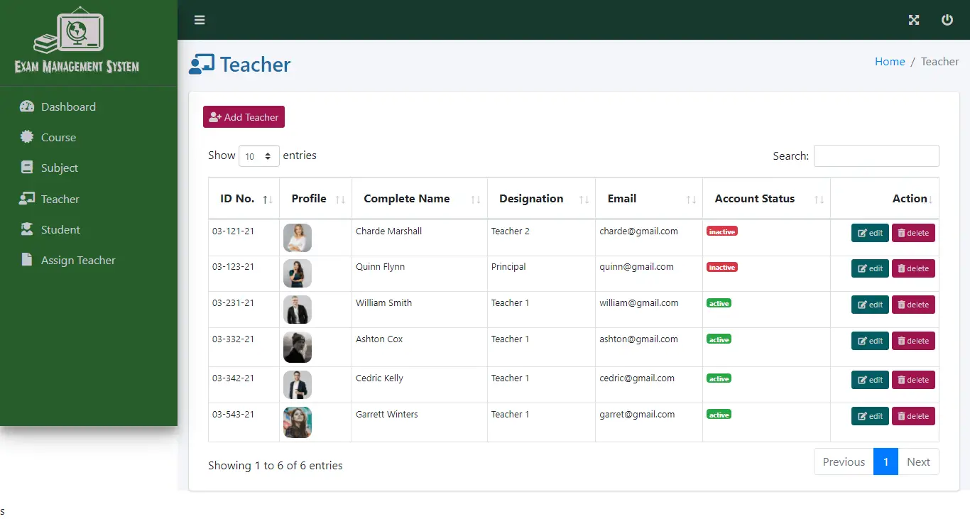 Exam Management System Free Bootstrap Source code - Teacher Information