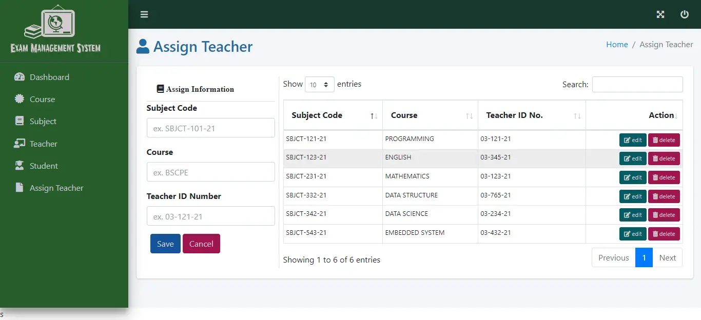 Exam Management System Free Bootstrap Source code - Teacher Subject Assignment