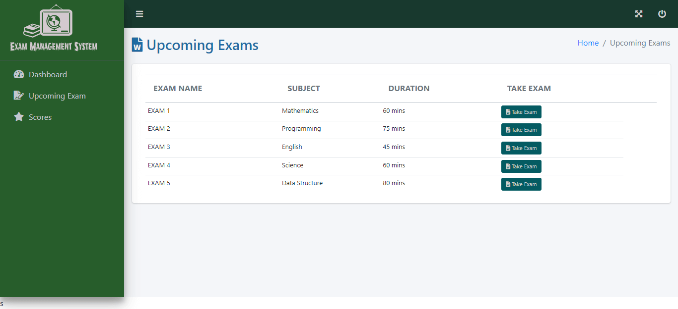 Exam Management System Free Bootstrap Source code - Upcoming Exams