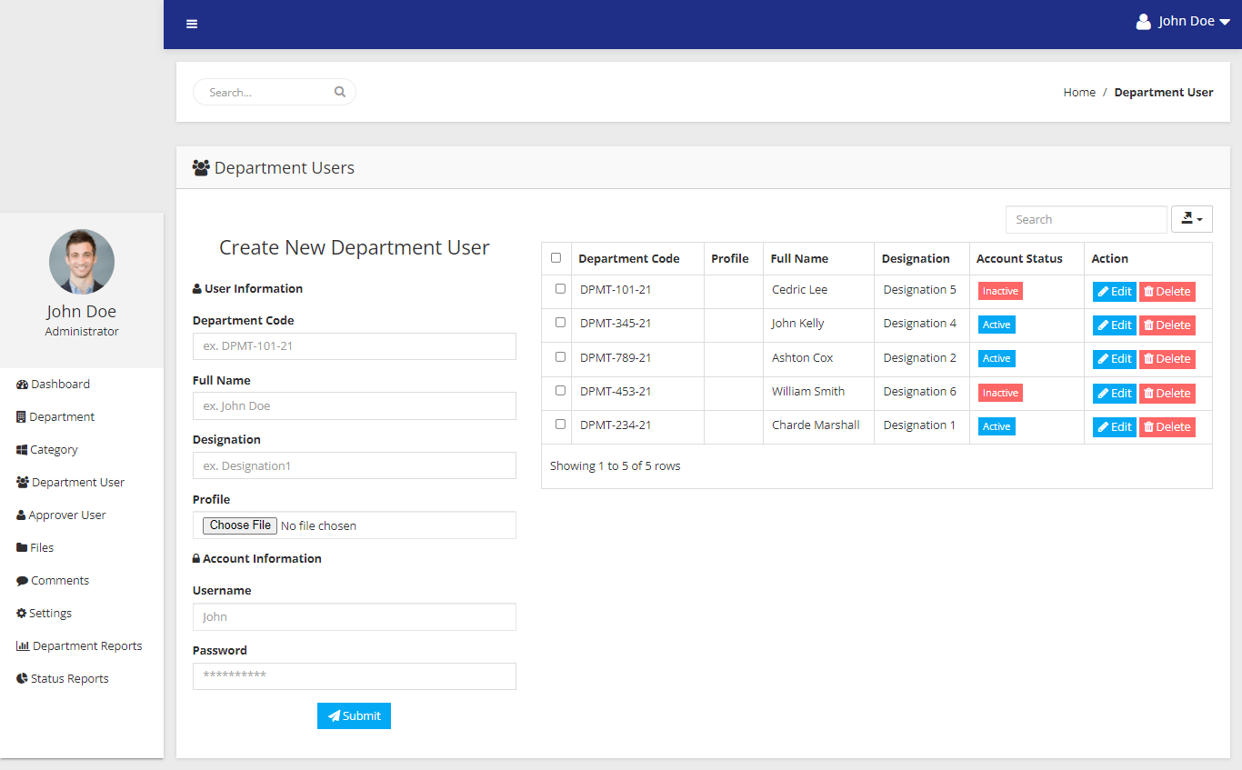 File Management with Approval Process in PHP and Bootstrap Free Source code - Department User