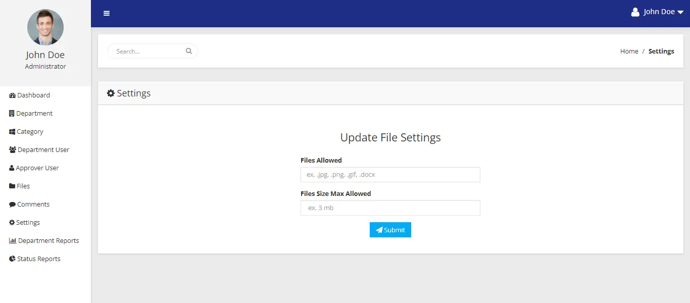 File Management with Approval Process in PHP and Bootstrap Free Source code - File Settings