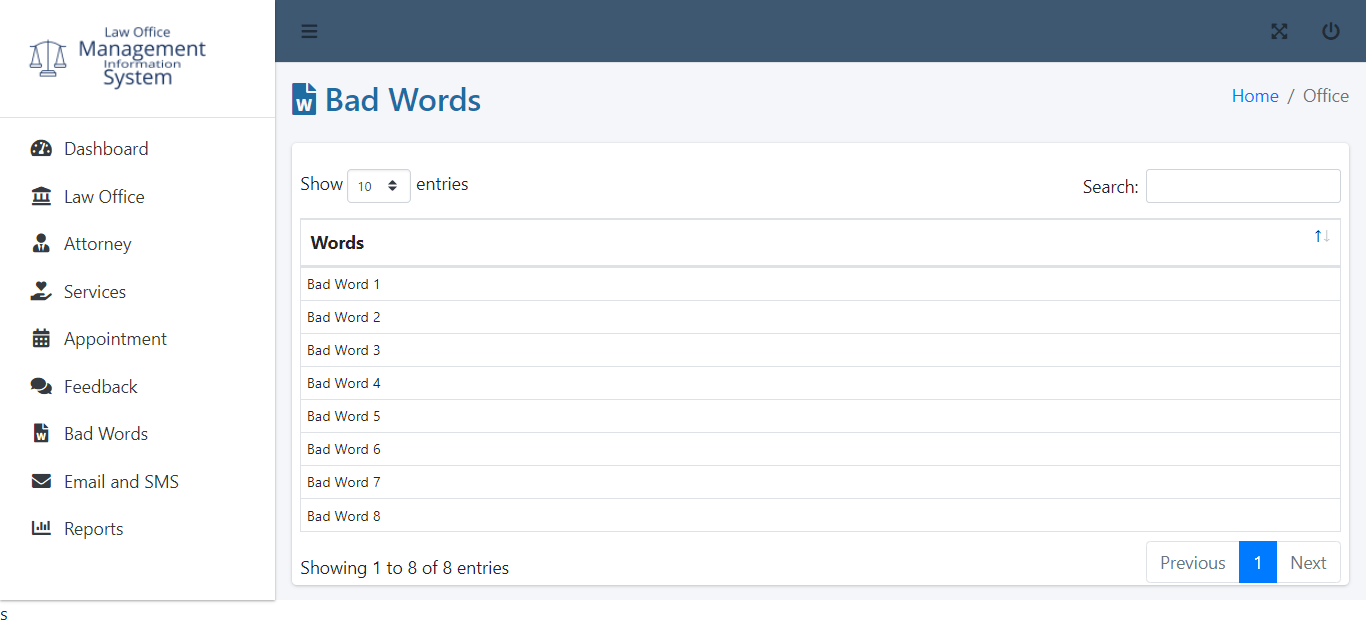 Law Office Management Information System in Bootstrap and PHP Script - Bad words filtering