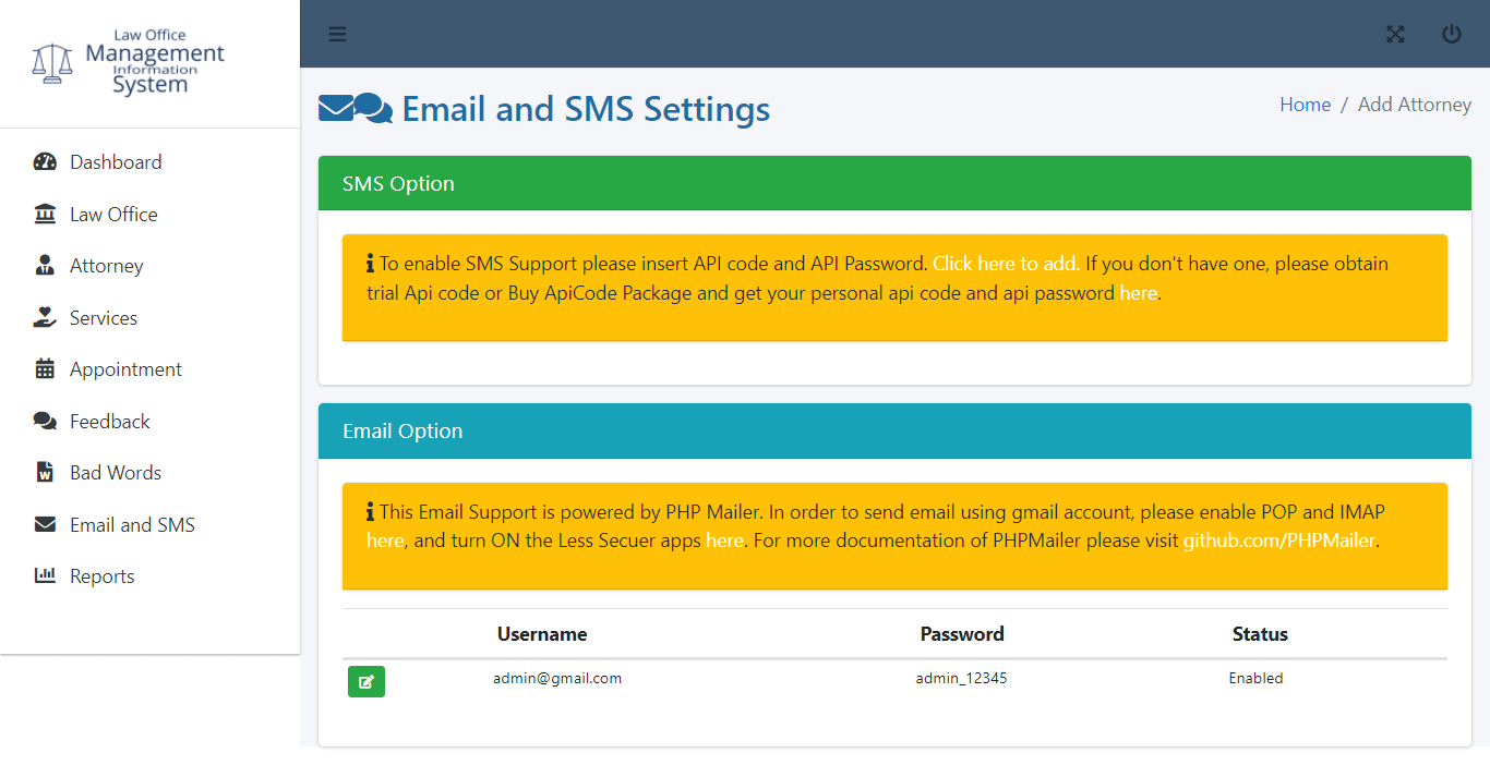 Law Office Management Information System in Bootstrap and PHP Script - Email and SMS Settings