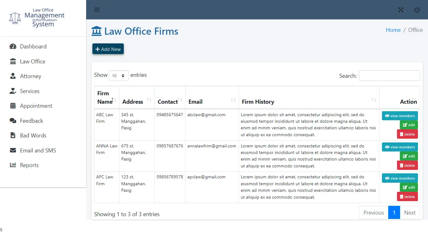 Law Office Management Information System in Bootstrap and PHP Script - Law Office Firms