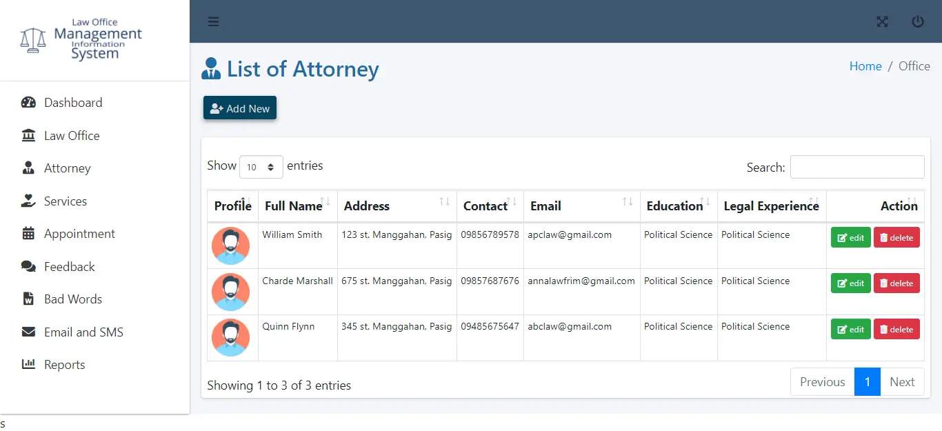 Law Office Management Information System in Bootstrap and PHP Script - List of Attorney