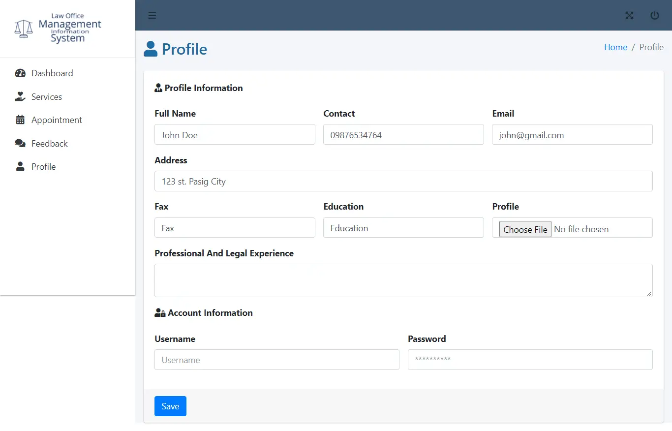 Law Office Management Information System in Bootstrap and PHP Script - Profile