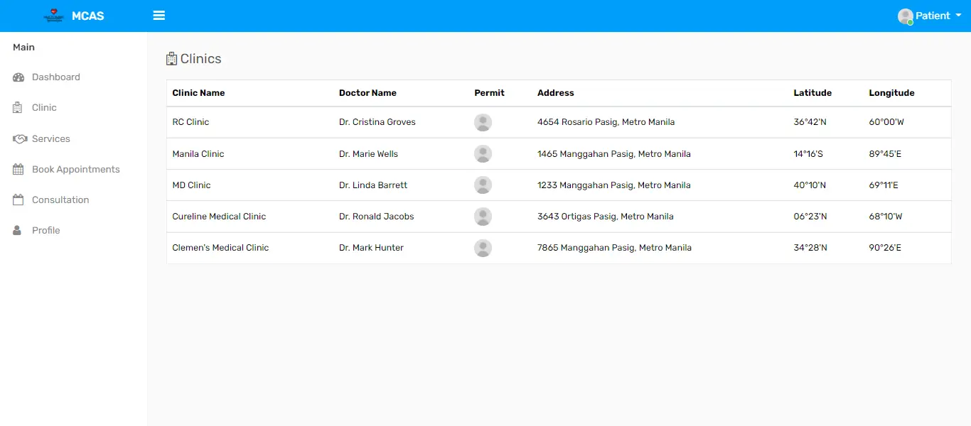 Multi Clinic Appointment System Free Template Source code in PHP and Bootstrap - Clinic List