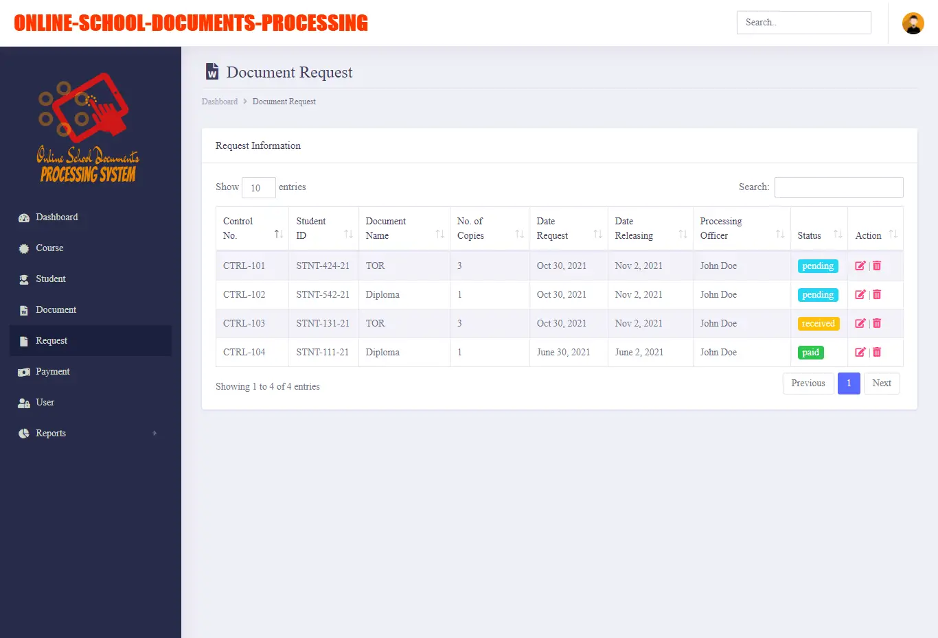 Online School Documents Processing System Free Bootstrap Template - Document Request