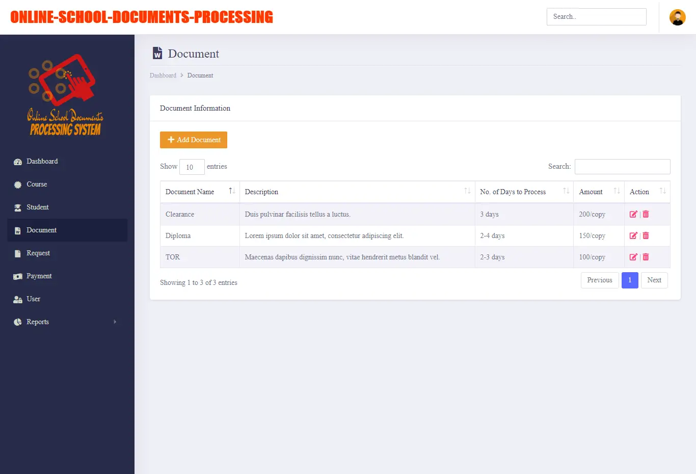 Online School Documents Processing System Free Bootstrap Template - Documents Info
