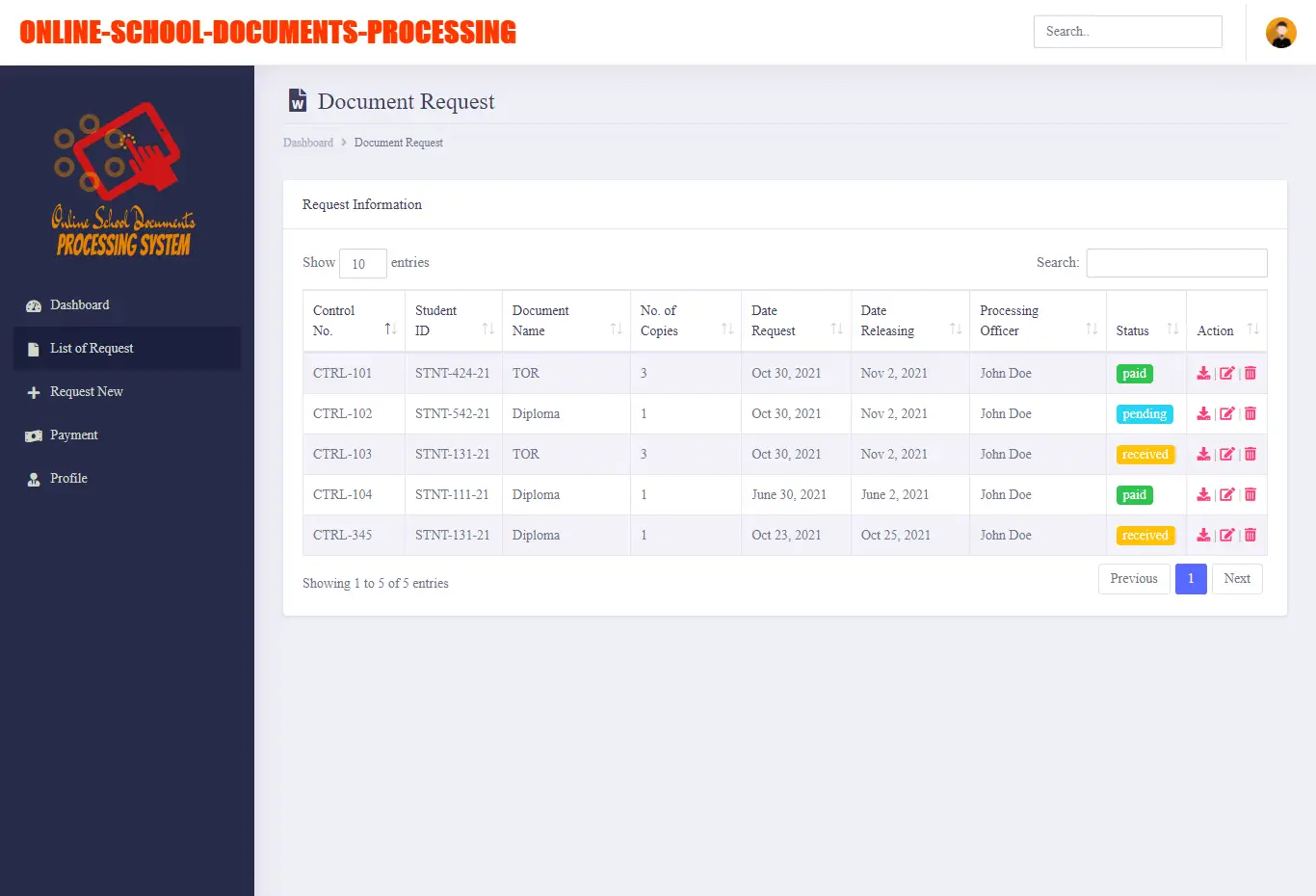 Online School Documents Processing System Free Bootstrap Template - List of Request