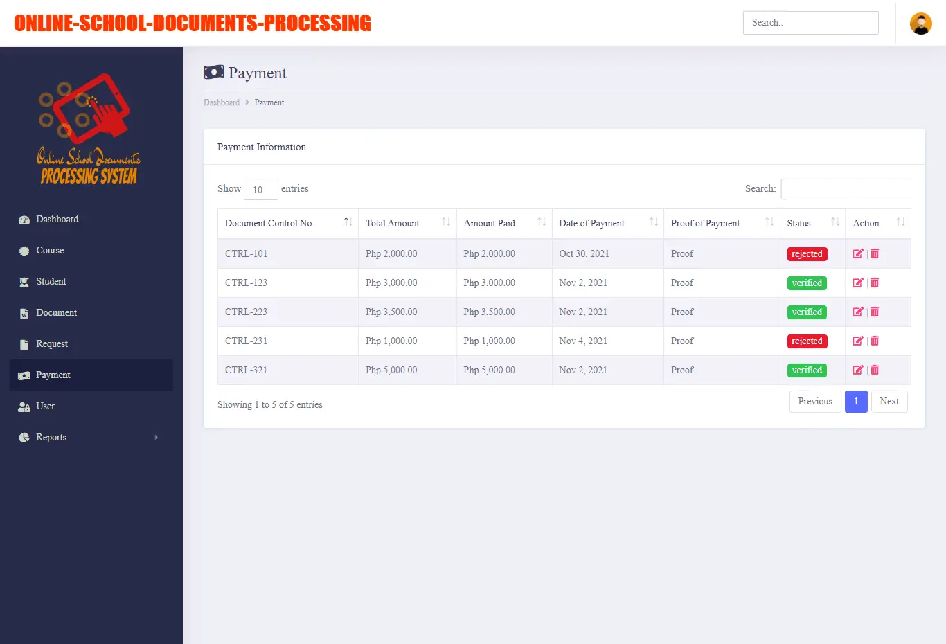Online School Documents Processing System Free Bootstrap Template - Payment Records