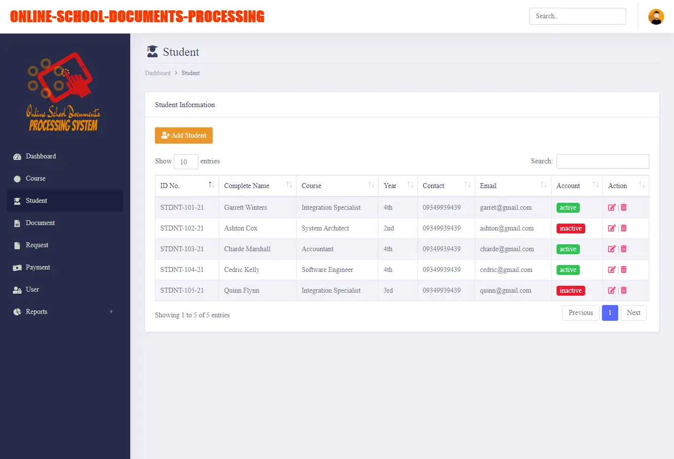 Online School Documents Processing System Free Bootstrap Template - Student Info