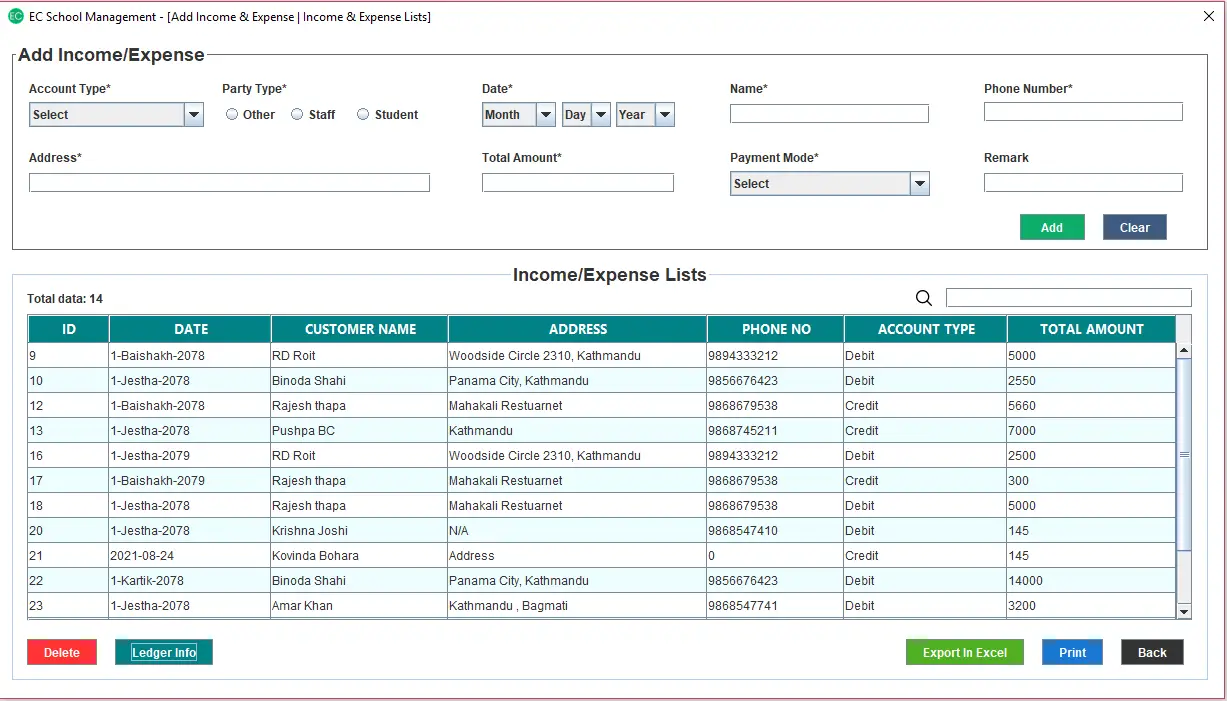 School Management System in Java - Add Income Expense