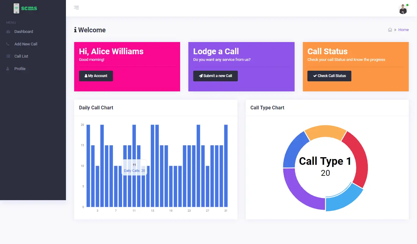 Service Call Management System Free Download Template Source code - Customer Dashboard