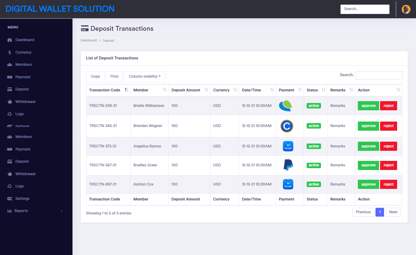 Digital Wallet Solution Free Download Bootstrap Template Source code - Deposit Transactions