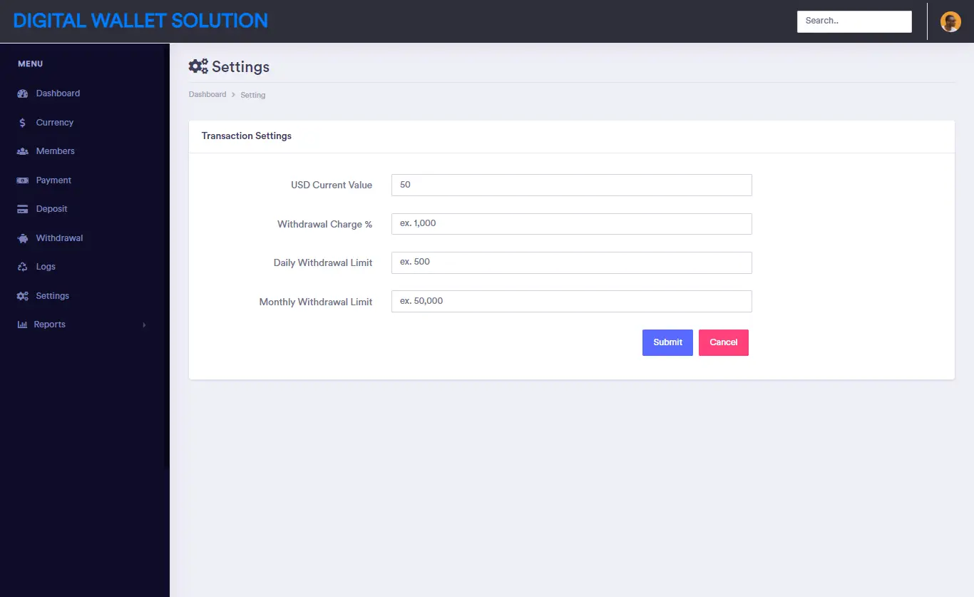 Digital Wallet Solution Free Download Bootstrap Template Source code - Settings