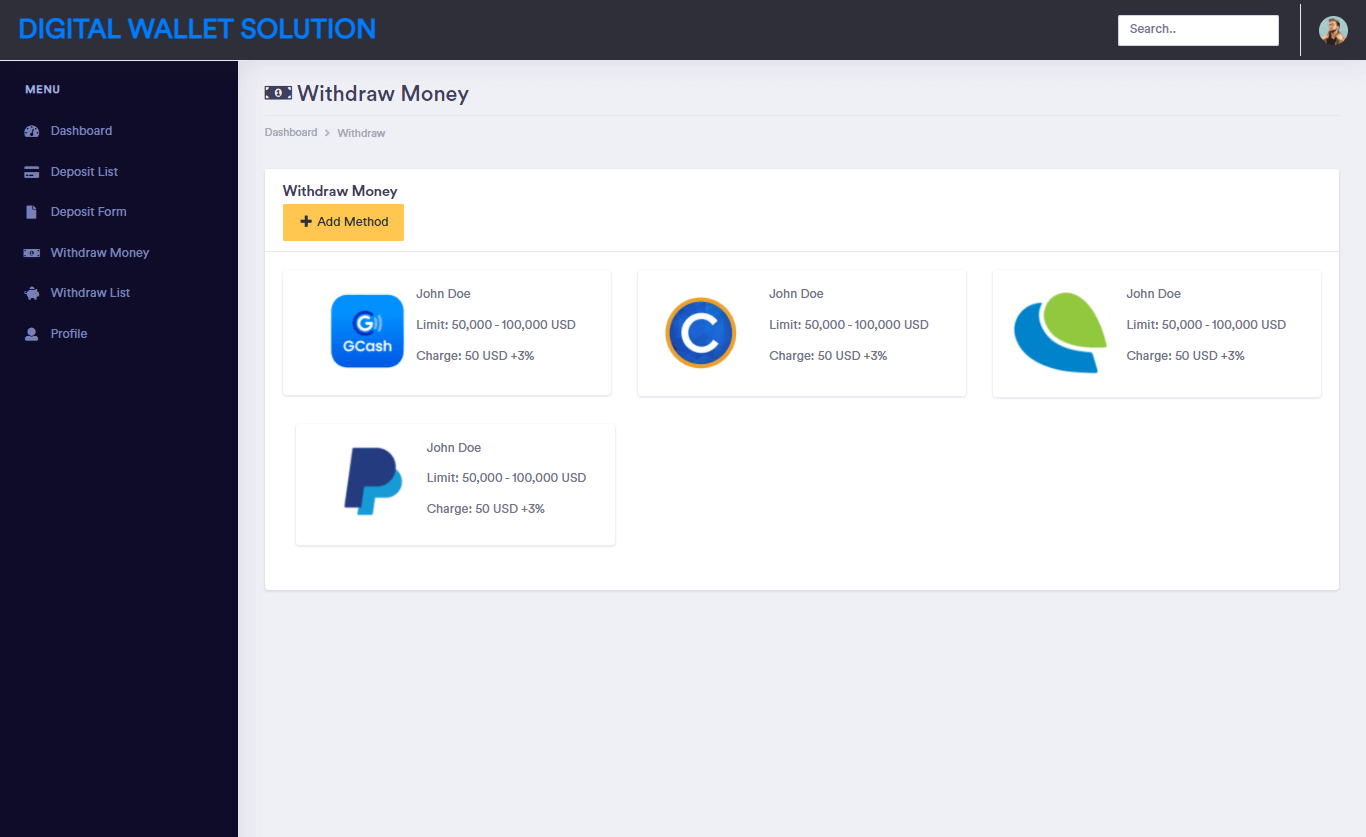 Digital Wallet Solution Free Download Bootstrap Template Source code - Withdraw Method