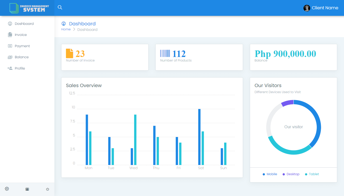 Invoice Management System Free Bootstrap Template Source code - Client Dashboard