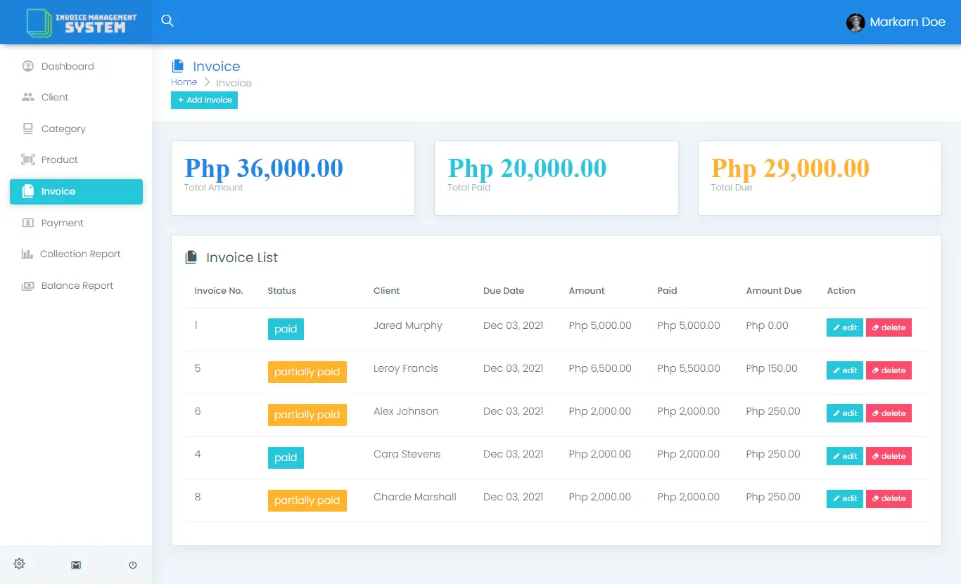 Invoice Management System Free Bootstrap Template Source code - Invoice List