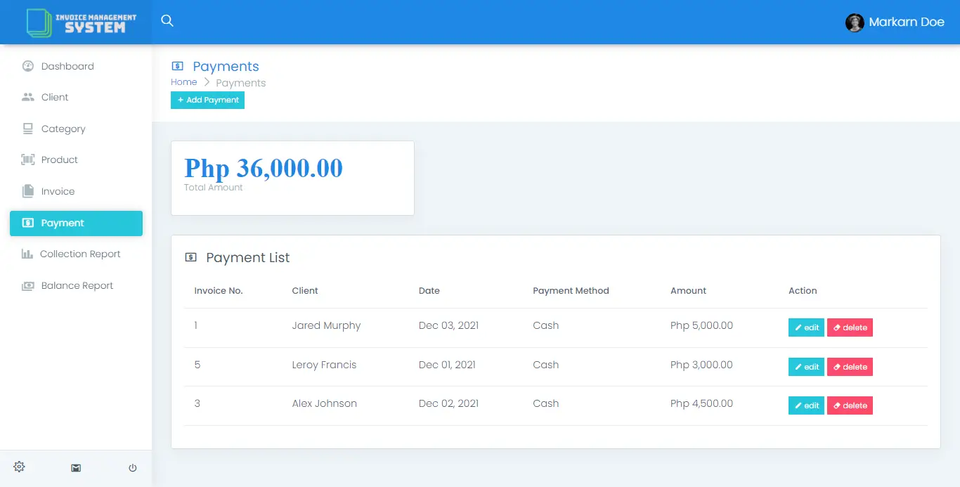 Invoice Management System Free Bootstrap Template Source code - Payments