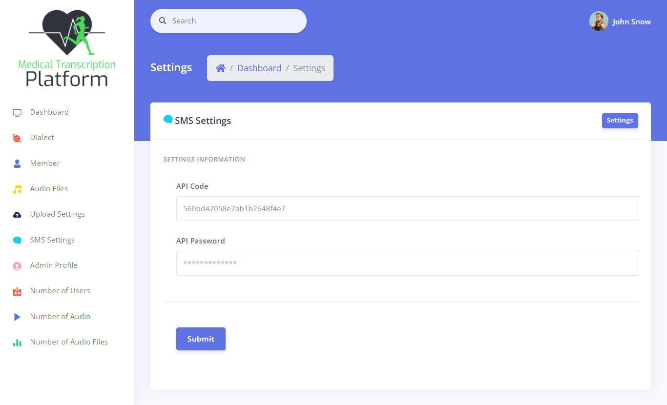 Medical Transcription Platform Free Template Source code - SMS Settings