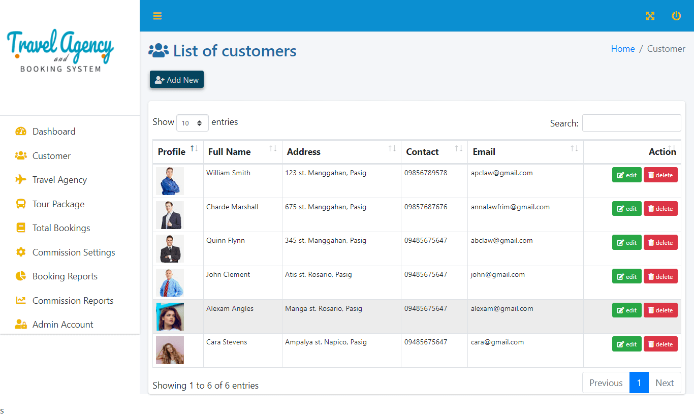 Multi-branch Travel Agency and Booking System PHP and Bootstrap Script - Customer List