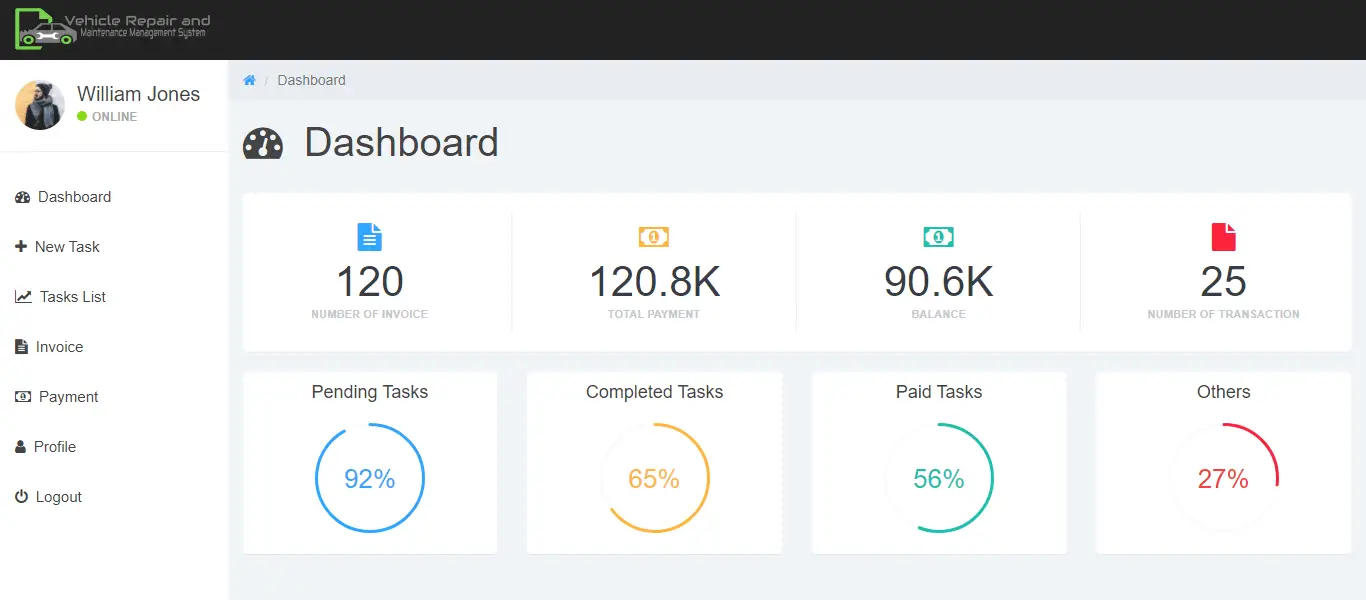 Vehicle Repair and Maintenance Management System Free Bootstrap Source code - Customer Dashboard