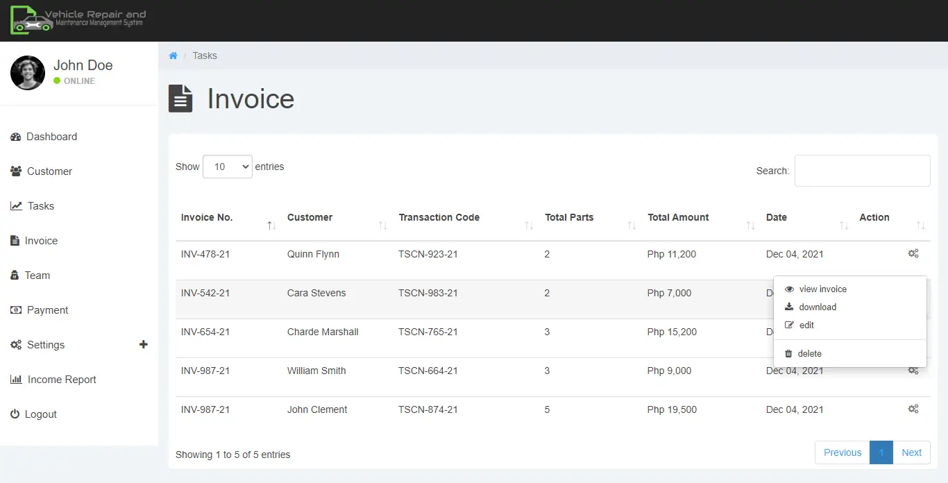 Vehicle Repair and Maintenance Management System Free Bootstrap Source code - Invoices