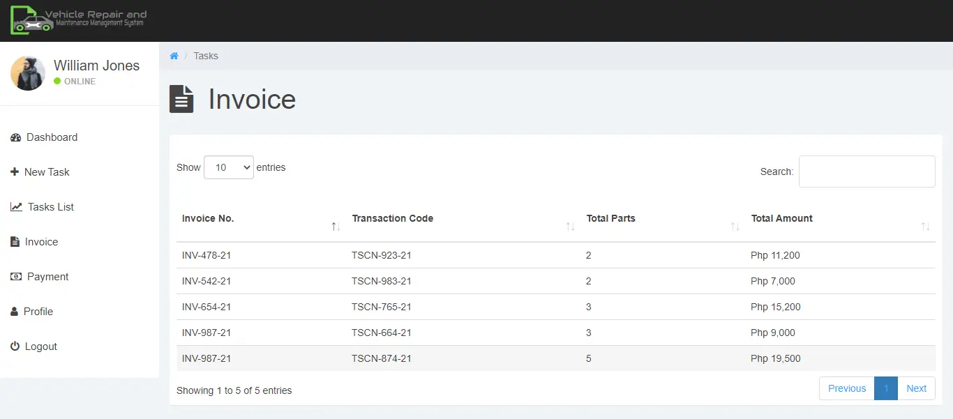 Vehicle Repair and Maintenance Management System Free Bootstrap Source code - My Invoice