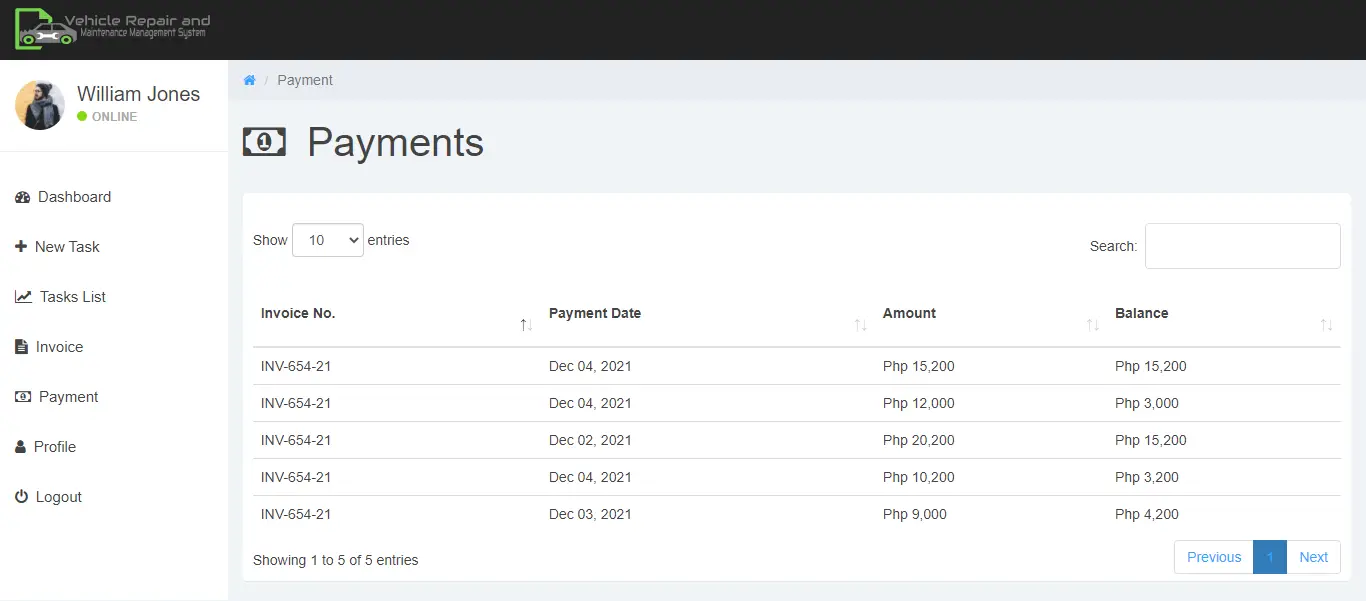 Vehicle Repair and Maintenance Management System Free Bootstrap Source code - My Payment