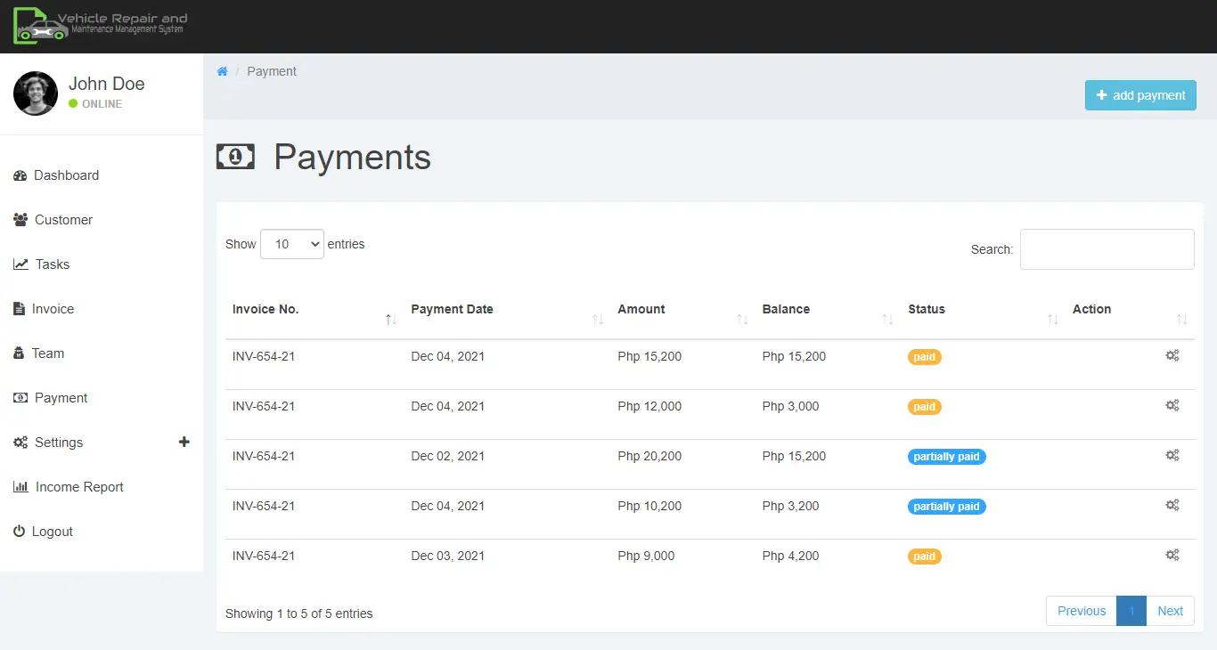 Vehicle Repair and Maintenance Management System Free Bootstrap Source code - Payments