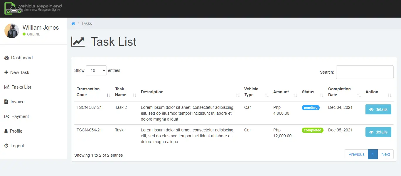 Vehicle Repair and Maintenance Management System Free Bootstrap Source code - Task List